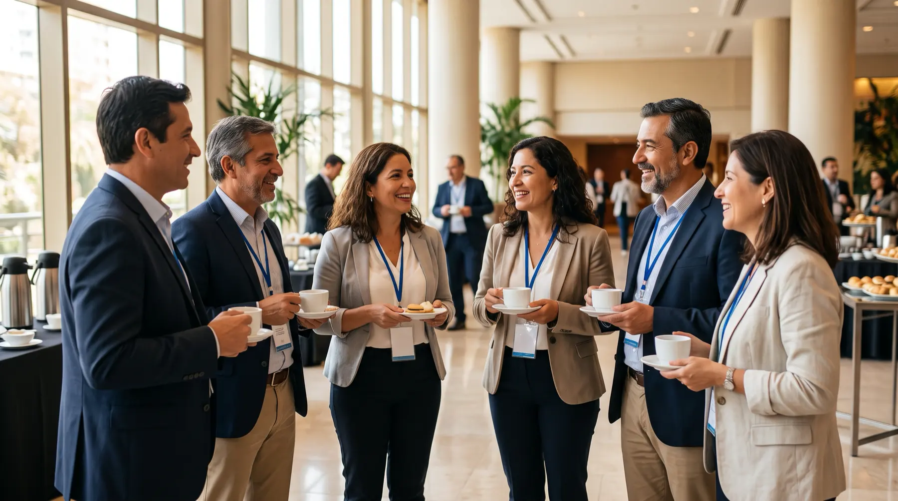 Docentes universitarios latinoamericanos conversando en la pausa de café de un congreso académico